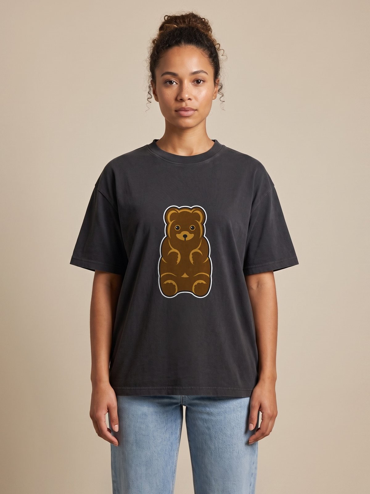 Model wearing the washed black bear tee, front