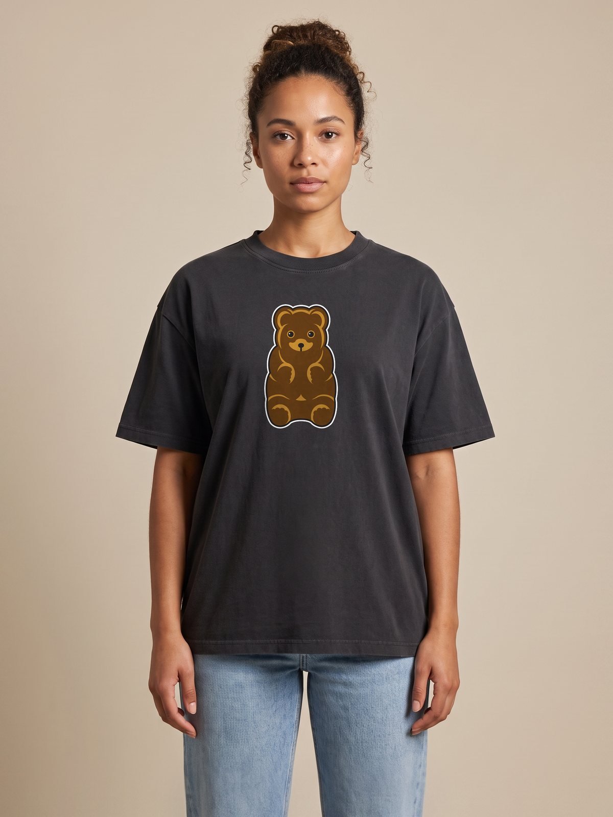 Model wearing the washed black bear tee, front