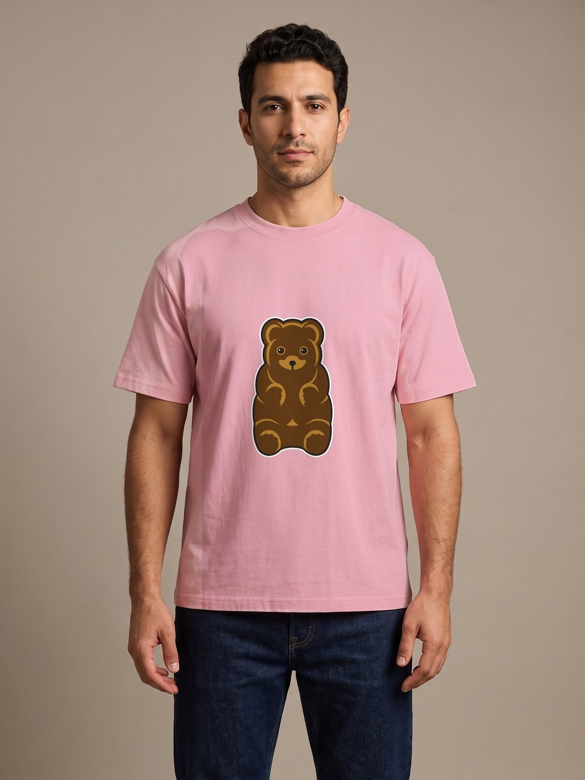 Model wearing the pink bear tee, front