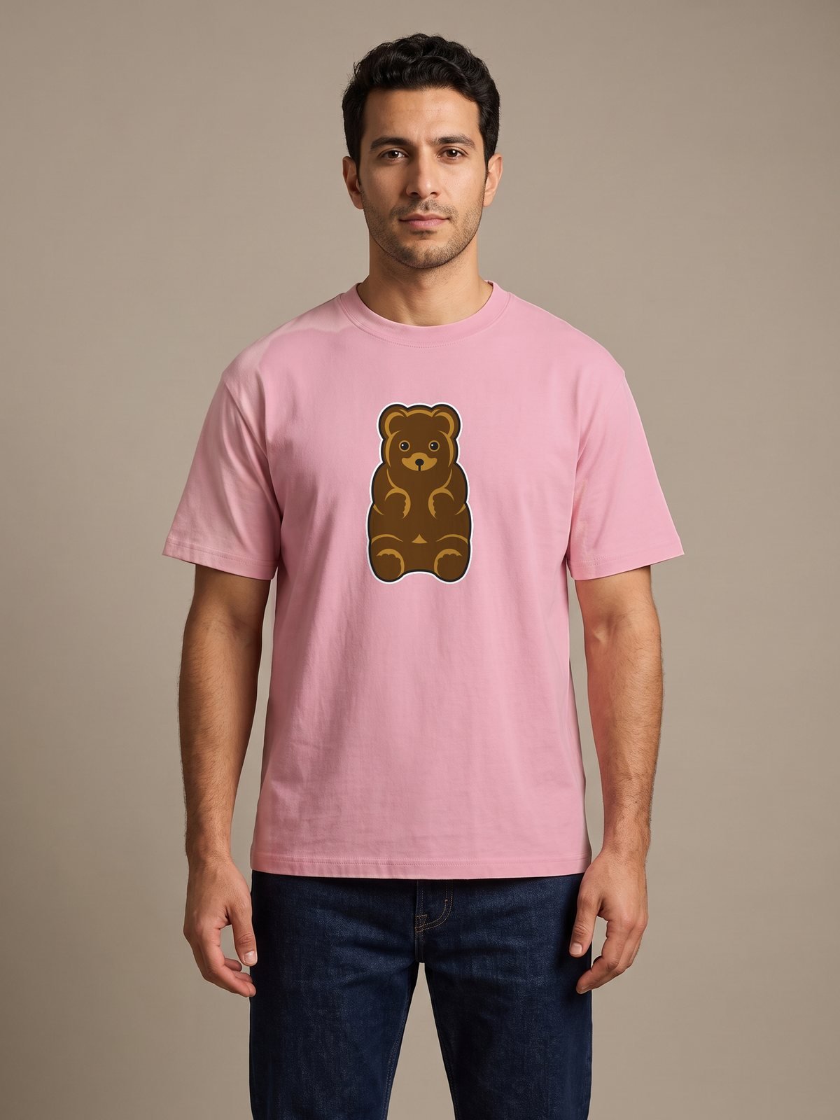 Model wearing the pink bear tee, front