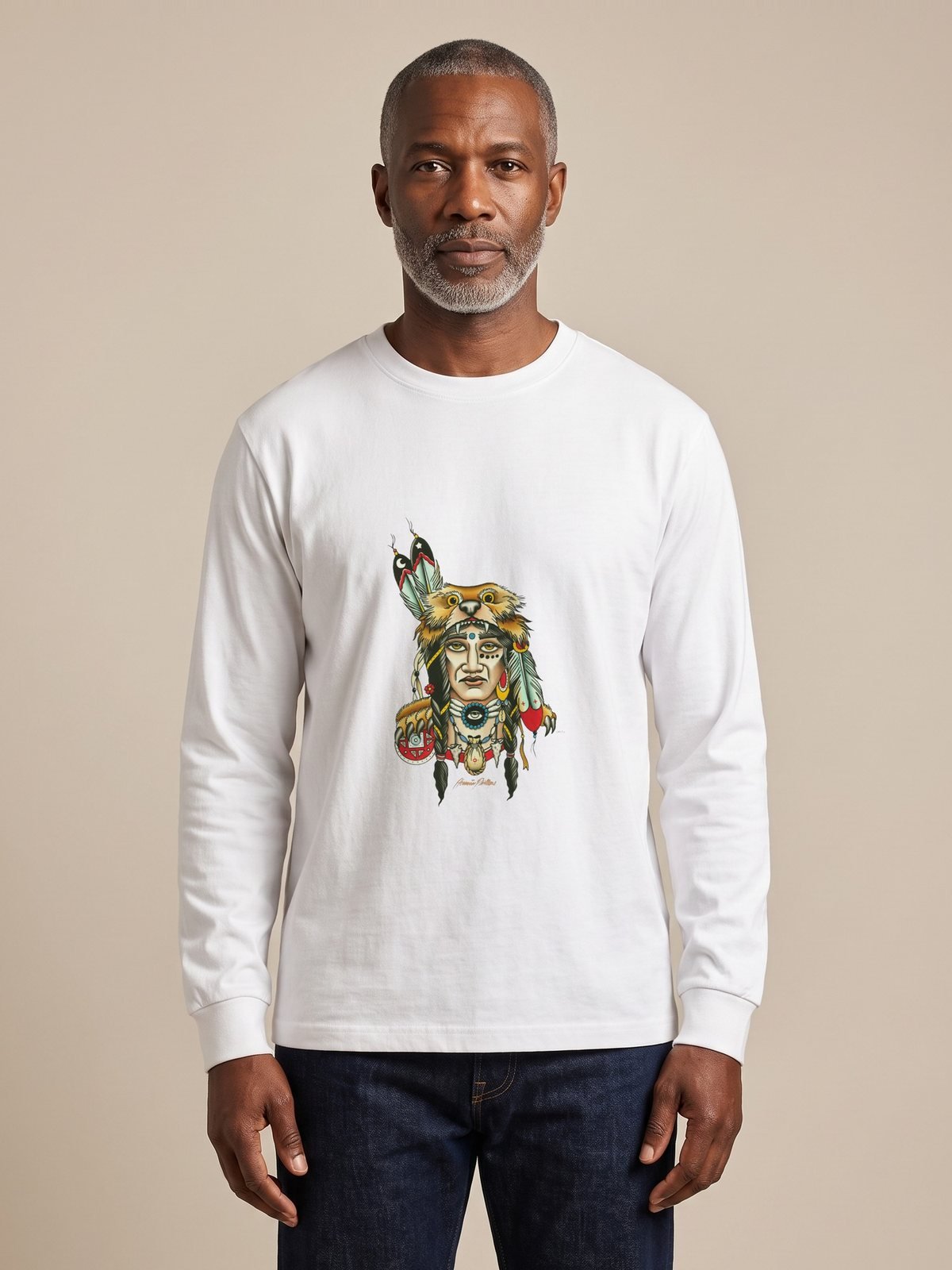 Model wearing the white long-sleeve chief tee, front