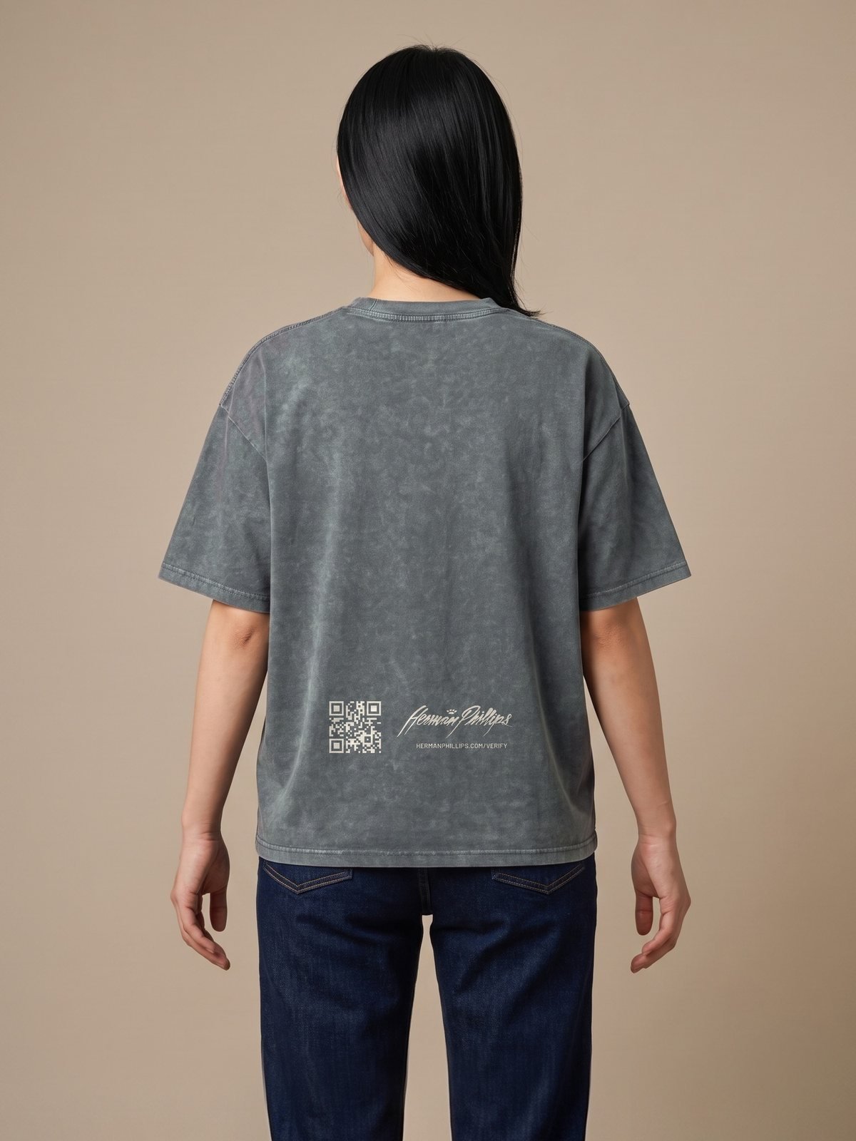 Back of the snow-washed grey tee with the verification mark