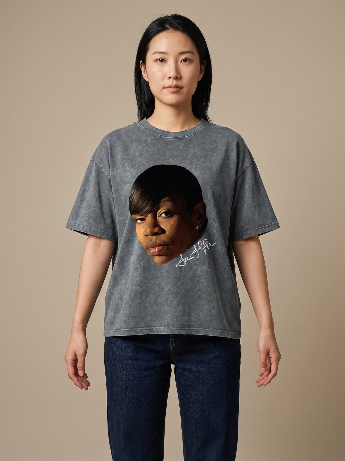 Model wearing the snow-washed grey portrait tee, front