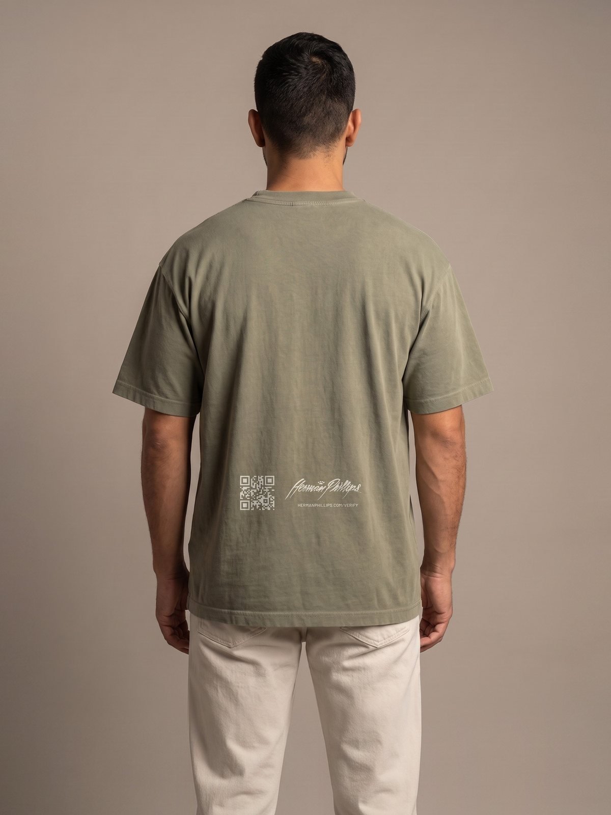 Back of the army green tee with the verification mark