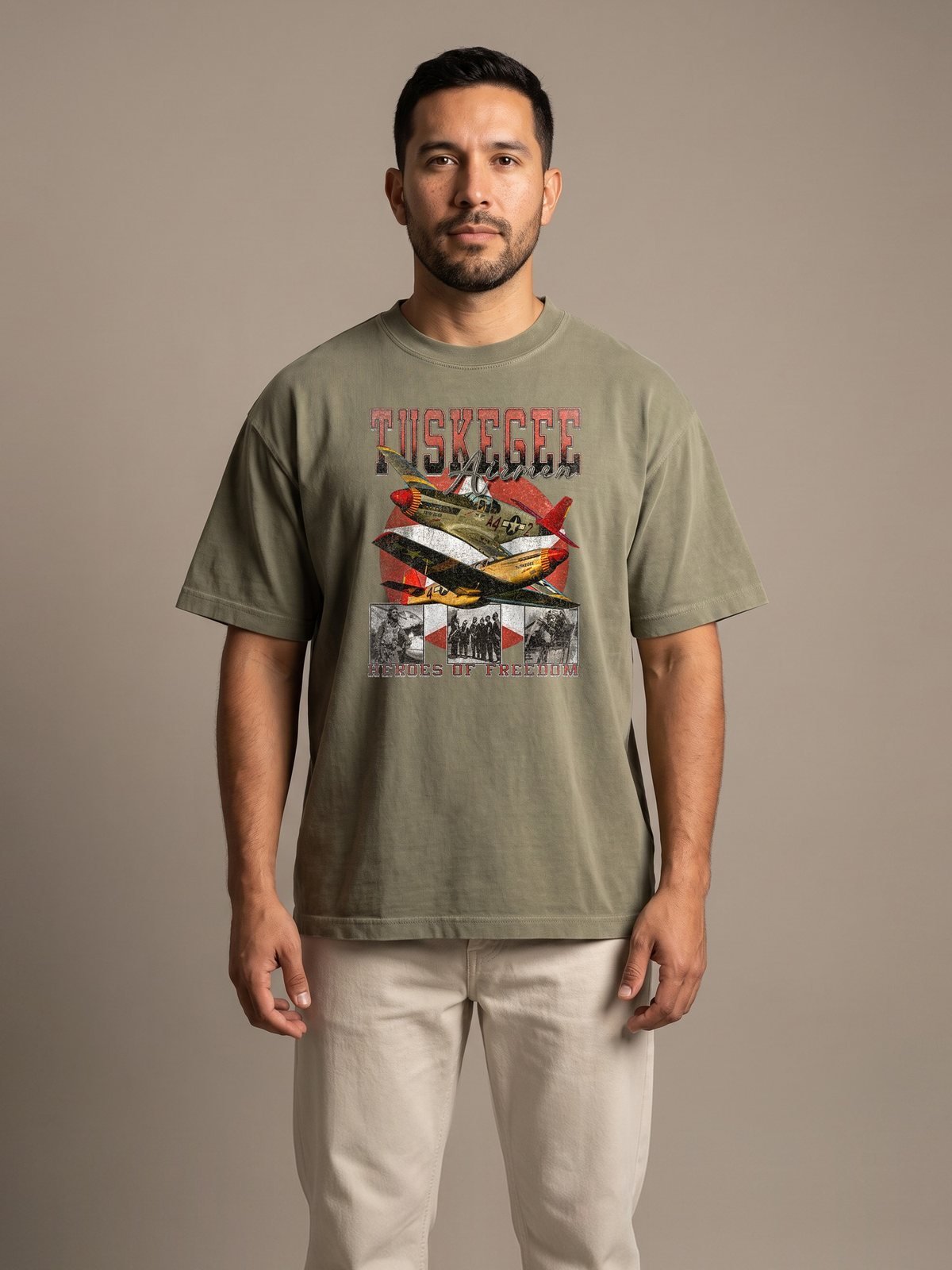 Model wearing the army green Tuskegee Airmen tee, front
