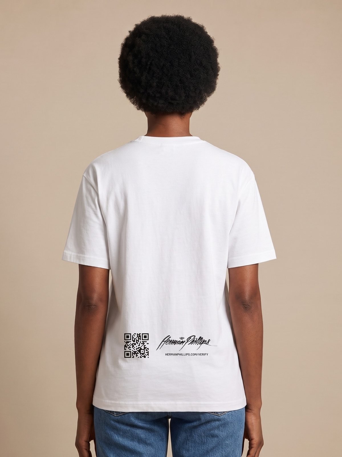 Back of the white tee with the verification mark