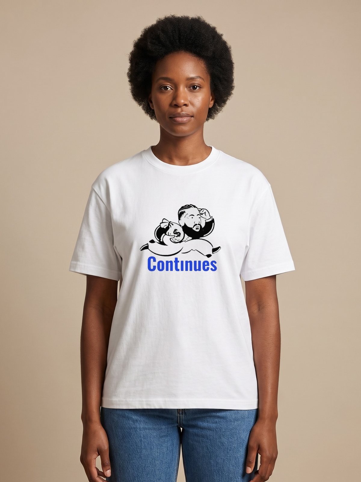 Model wearing the white Continues tee, front