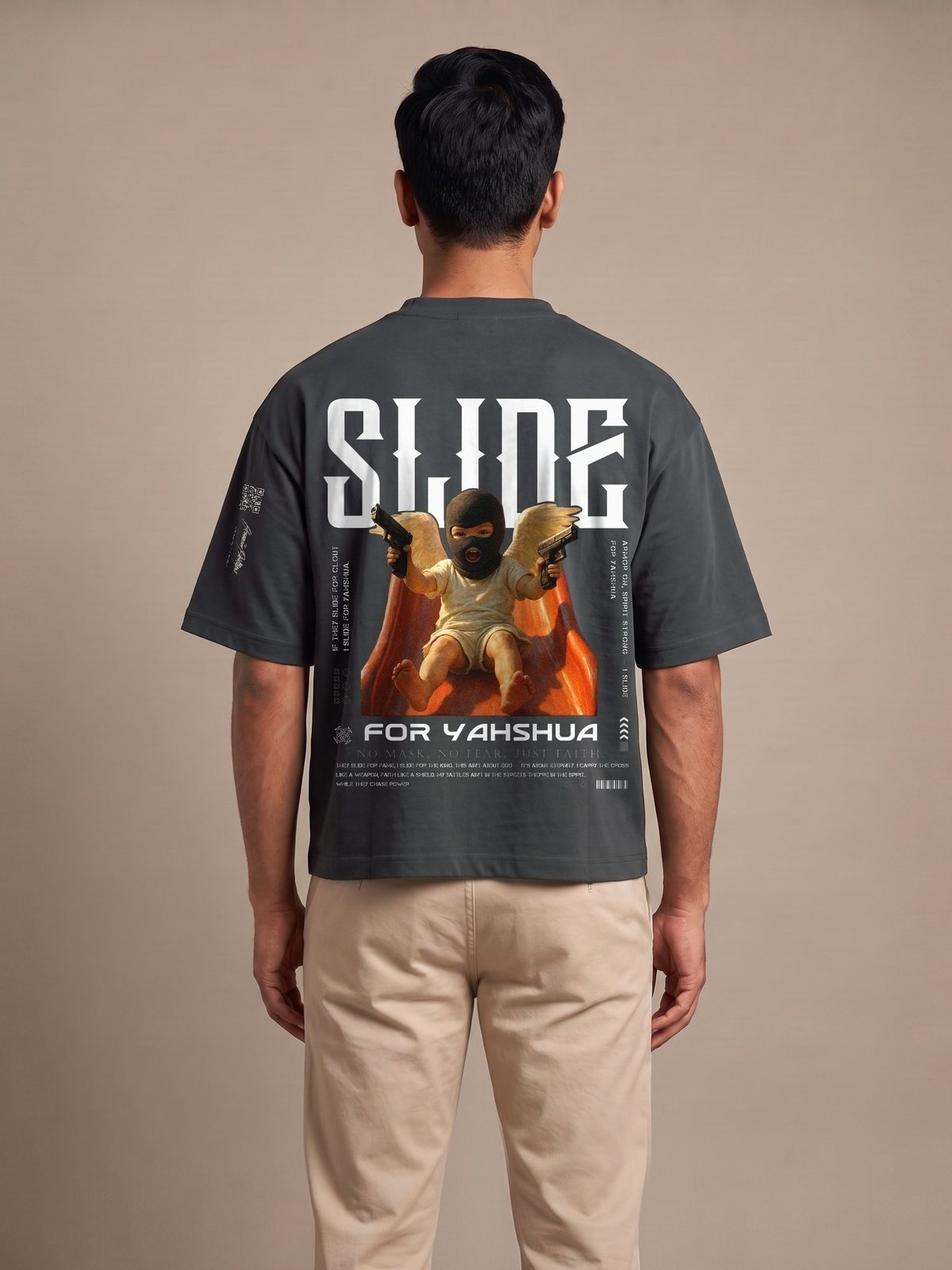 Back of the black boxy tee with the Slide print