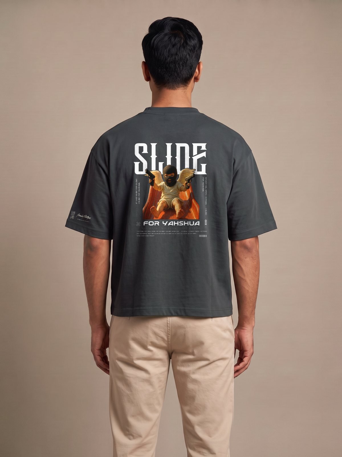 Back of the black boxy tee with the Slide print