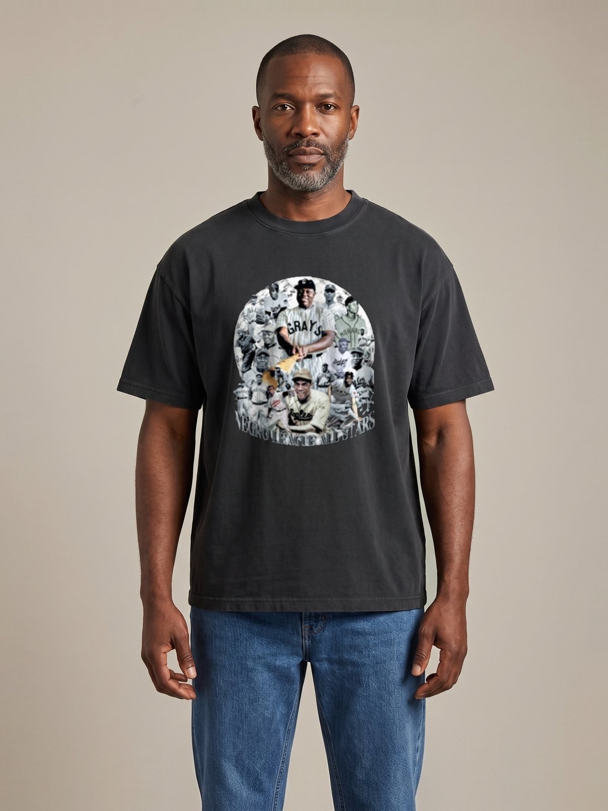 Model wearing the washed black Negro League All-Stars tee, front