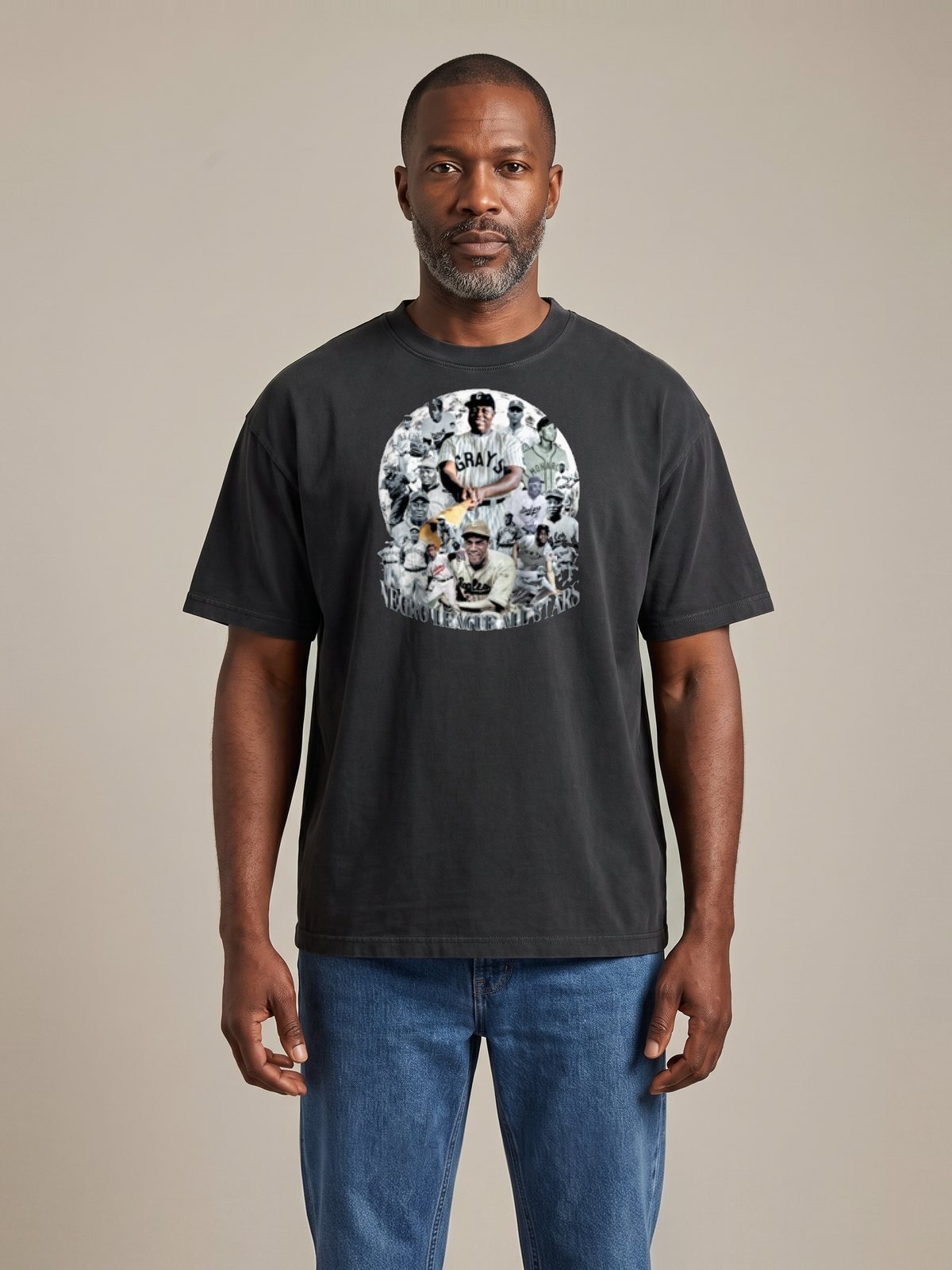Model wearing the washed black Negro League All-Stars tee, front
