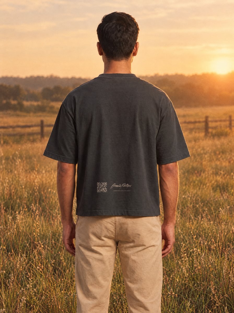 Back of the blank black tee in a field at golden hour, the verification mark low on the back