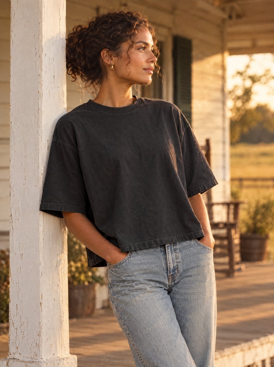 Model on a porch in the blank black boxy tee, side view