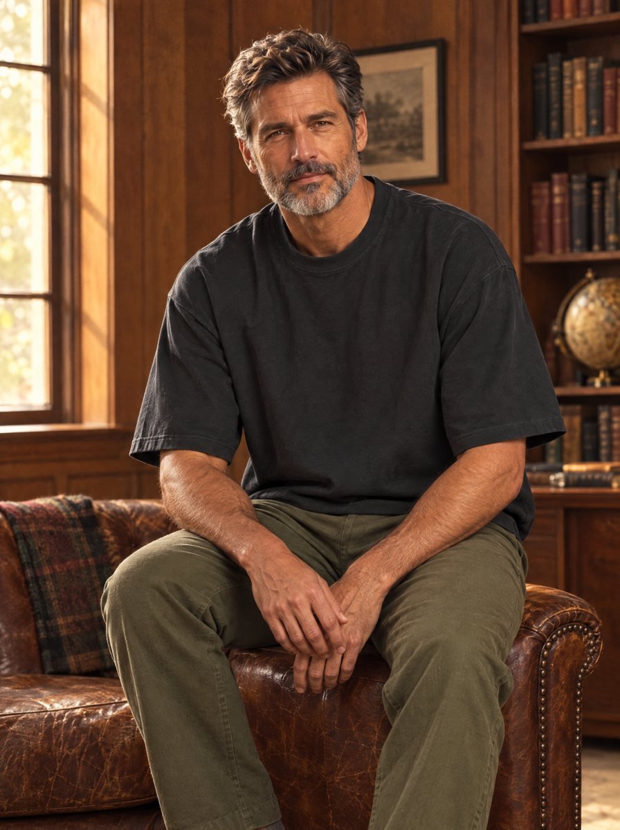 Model seated in a wood-paneled study wearing the blank black tee