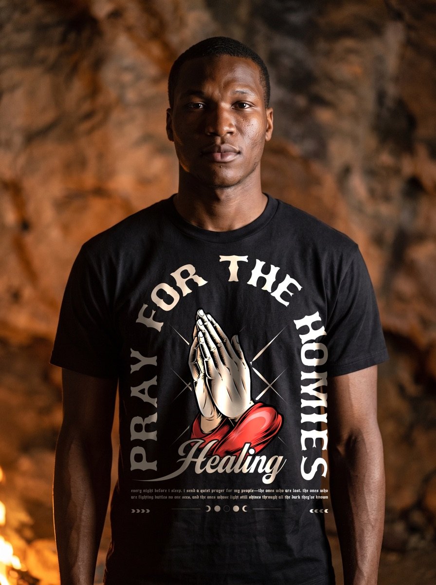 Model in the Pray for the Homies tee