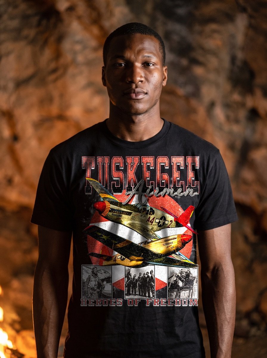 Model in the Tuskegee Airmen tee