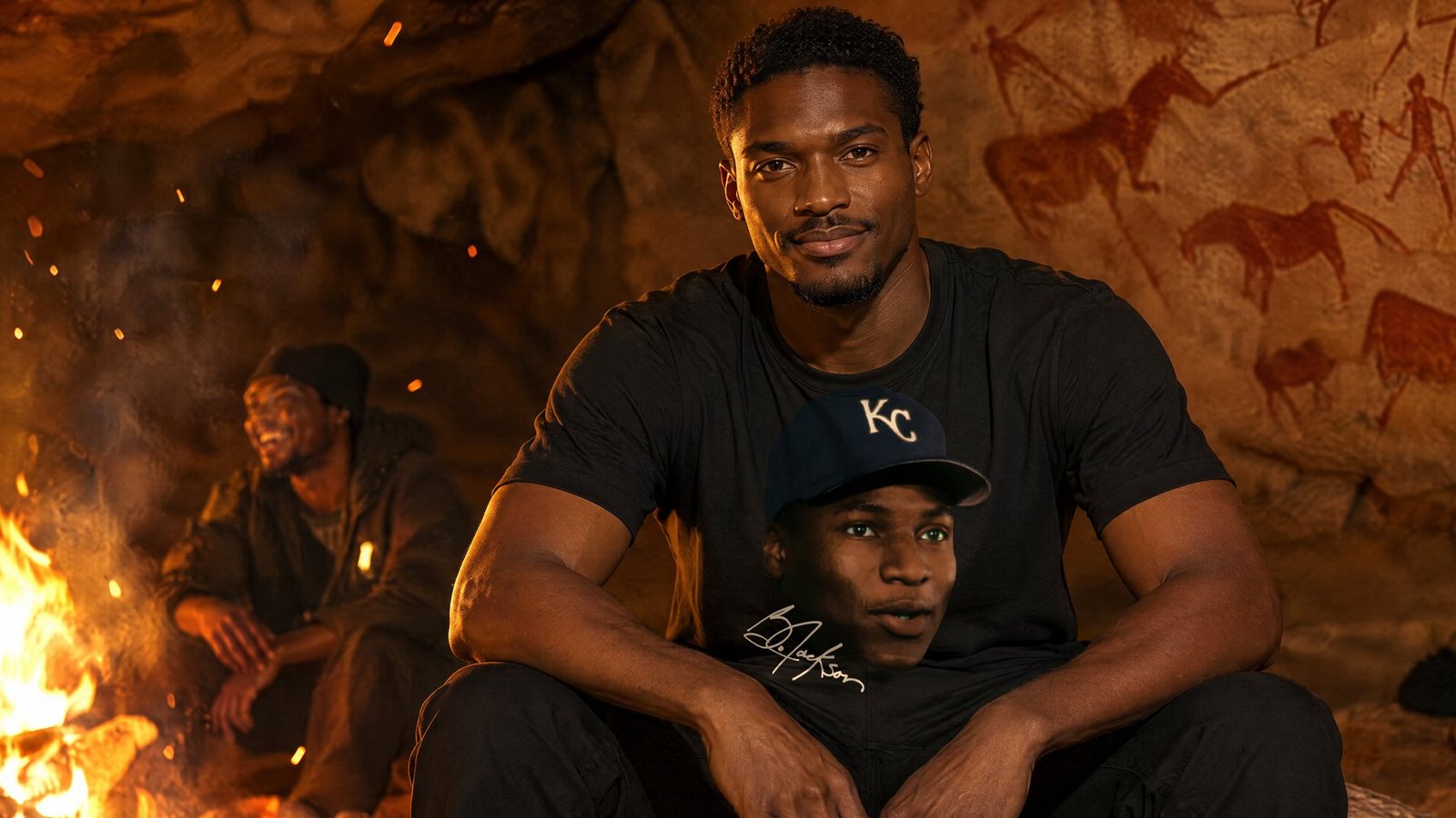 A model seated by the fire in a painted cave wearing the Bo Jackson tee