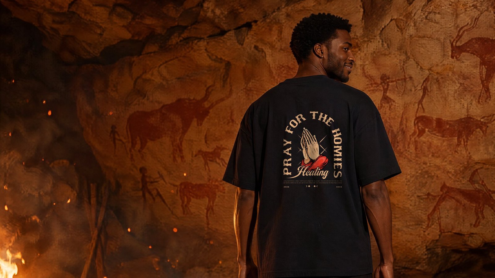 A model in a firelit cave turned away to show the Pray for the Homies back print