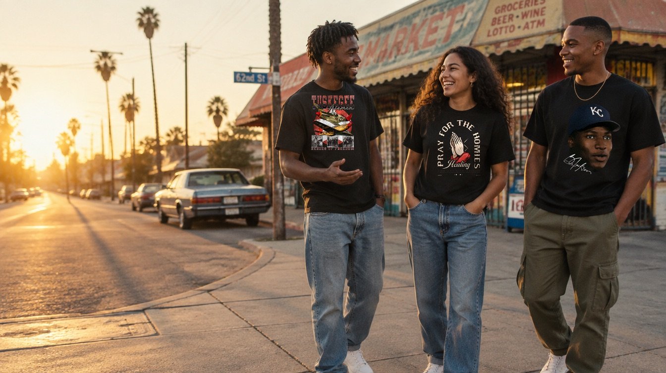 Three friends on a Los Angeles street at sunset wearing the Tuskegee Airmen, Pray for the Homies and Bo Jackson tees