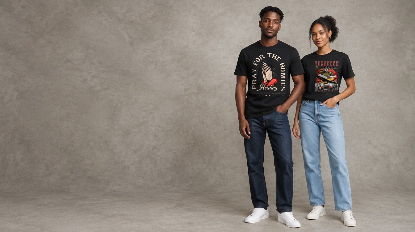 Two models in the studio wearing the Pray for the Homies and Tuskegee Airmen tees